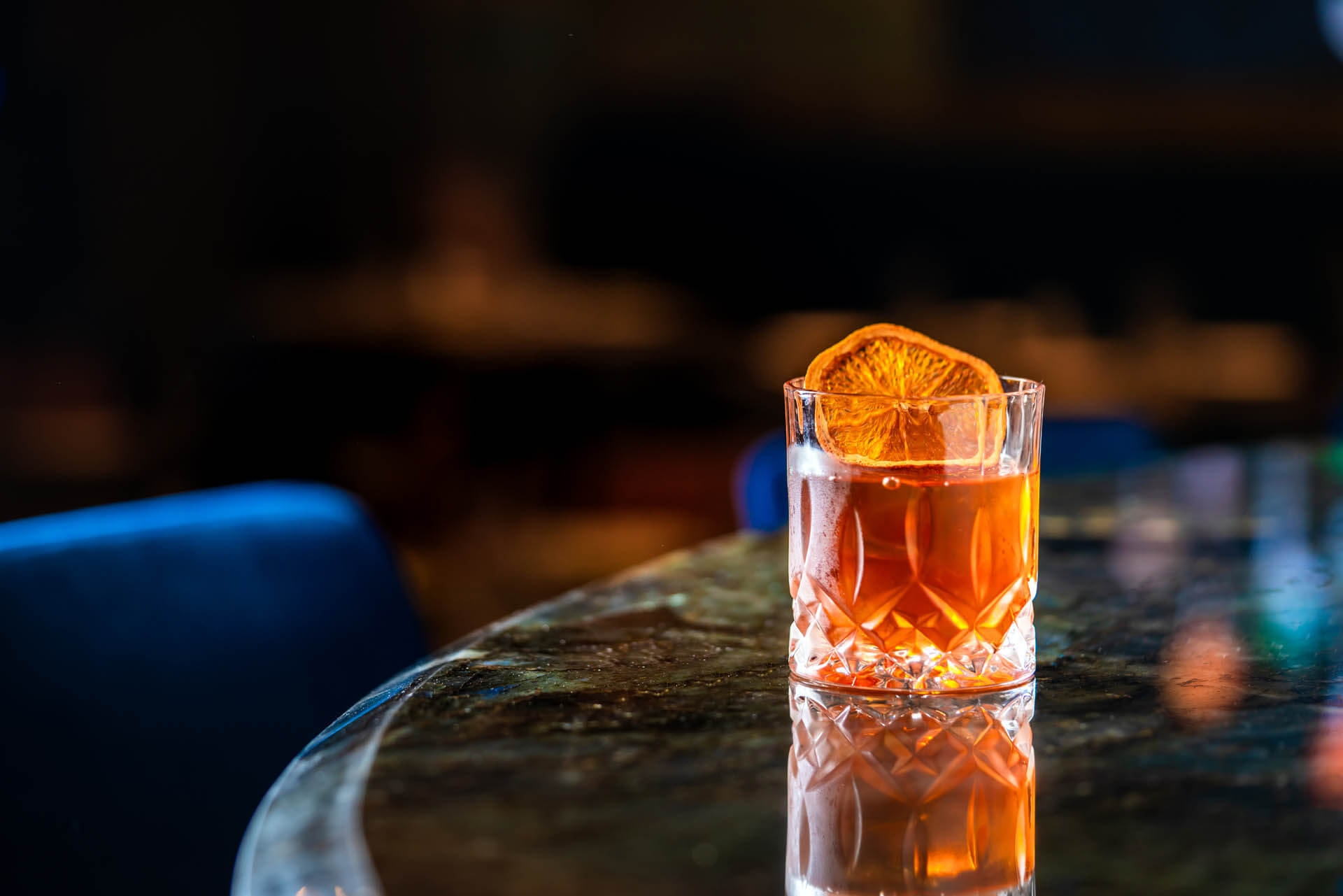 Close up glass of negroni in Cocktail Bar